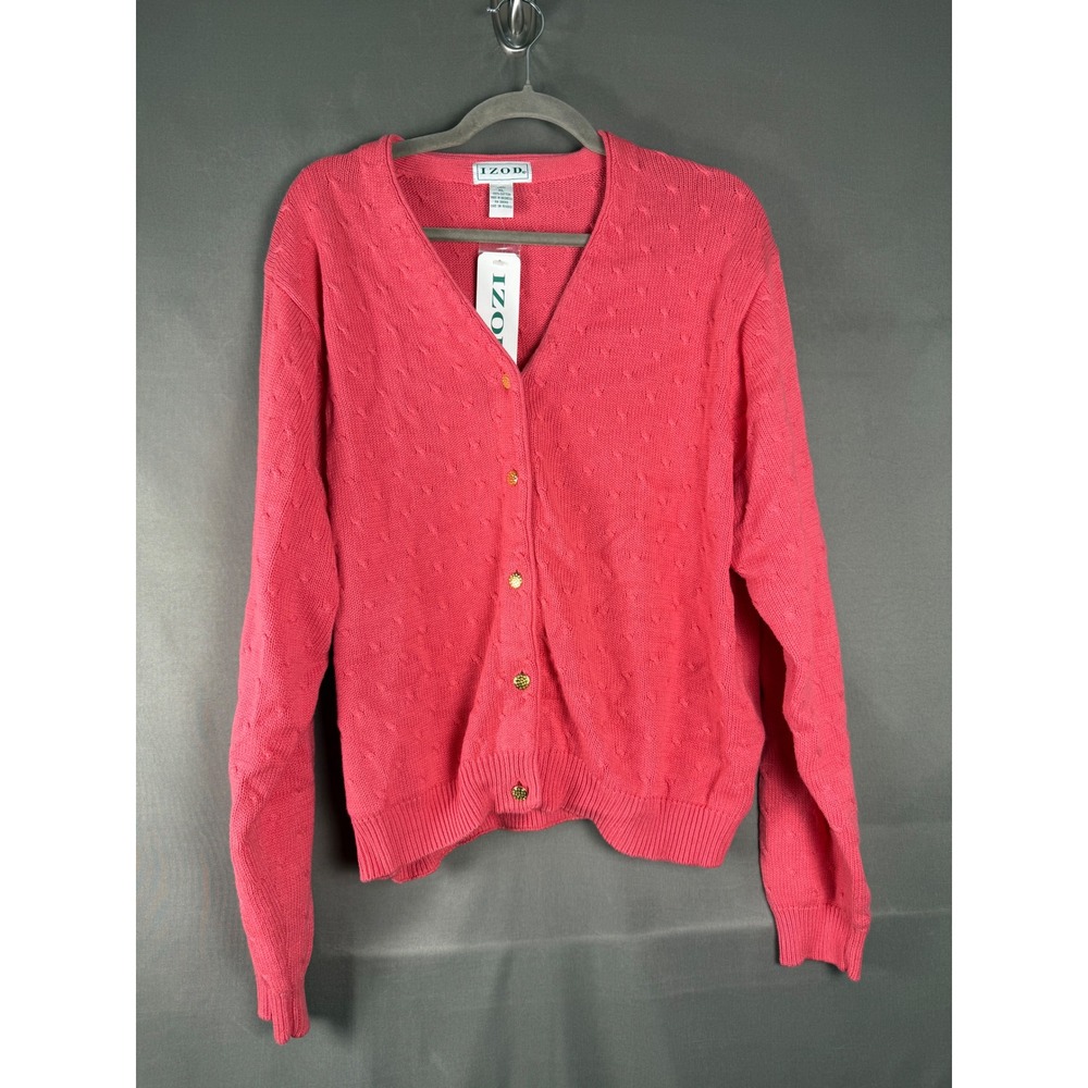 IZOD Cardigan Women XL Pink Pointelle Knit V-Neck Button Front Cotton NEW